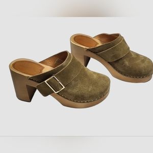 Swedish Hasbeens Olive Suede Mules